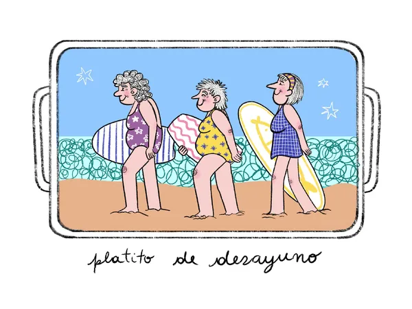 Ilustración de tres abuelas con trajes de baño y tablas de surf caminando por la playa, con el texto 'platito de desayuno' debajo.