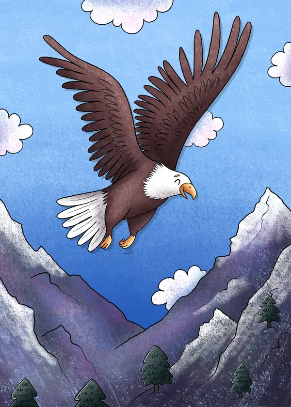 Ilustración de un águila calva volando con las alas extendidas sobre un paisaje de montañas nevadas y pinos. El cielo es azul con nubes blancas esponjosas, y el águila tiene una expresión serena, resaltando el detalle en el plumaje marrón y blanco.