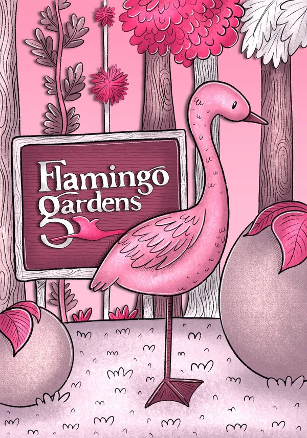 Un flamenco rosado posa frente a un cartel de madera que dice Flamingo Gardens. El entorno está decorado con árboles y plantas en una paleta de colores rosados, blancos y púrpuras, manteniendo la coherencia estética del libro.