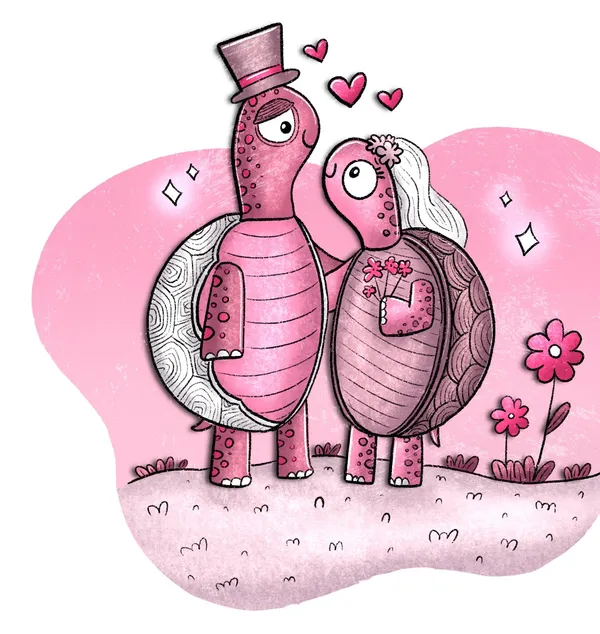 Ilustración de dos tortugas rosadas vestidas para su boda. El novio luce una galera marrón y la novia un velo blanco con flores. Están rodeados de corazones y destellos sobre un fondo rosado suave, transmitiendo una atmósfera romántica y tierna.