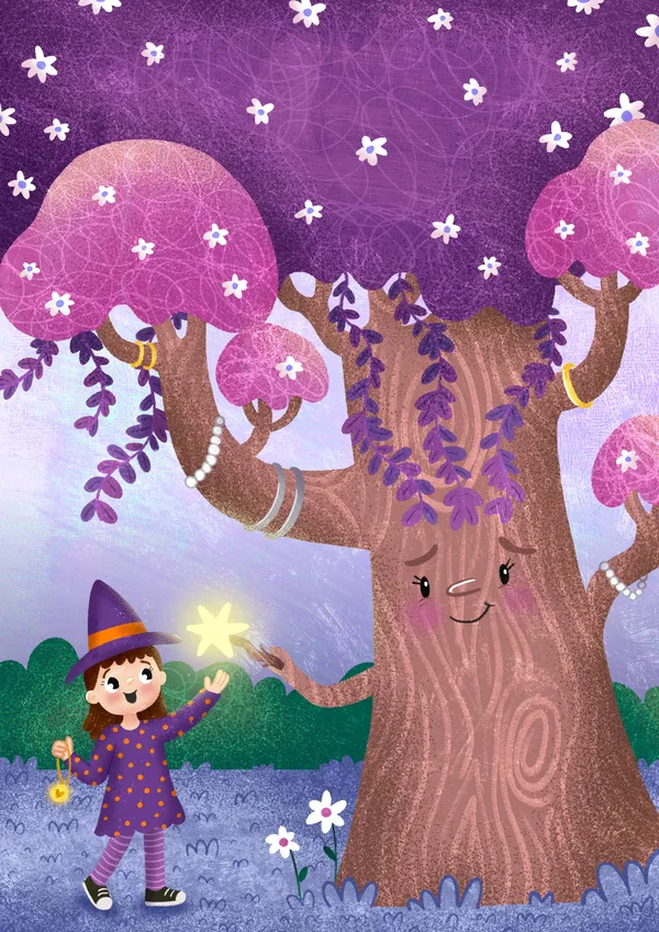 Caracacha frente a un árbol gigante con rostro y joyas colgando de sus ramas. La brujita sostiene una varita con una estrella brillante y un collar con un corazón. El fondo es un cielo nocturno violeta con pequeñas flores blancas.