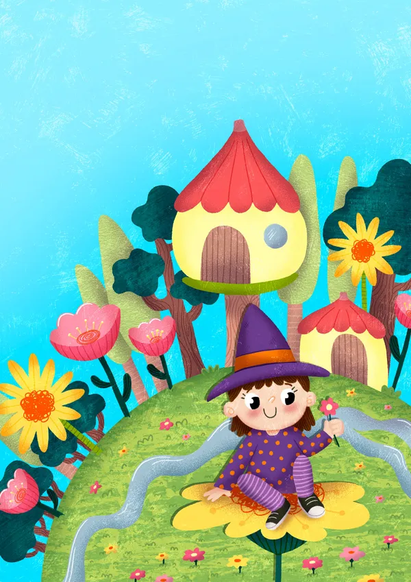 Caracacha sentada sobre una flor gigante en una colina verde. De fondo se ven casas con techos rojos en forma de hongo y un cielo celeste despejado. La brujita sostiene una pequeña flor rosa y sonríe.