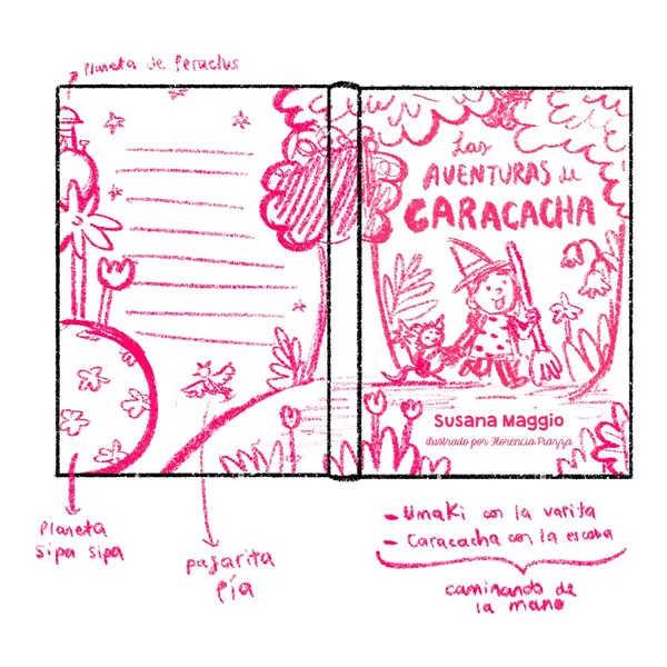 Boceto de la portada del libro Las aventuras de Caracacha realizado en trazos rosas, que muestra a una niña con escoba y un pequeño duende caminando de la mano, rodeados de anotaciones a mano sobre los personajes y el entorno