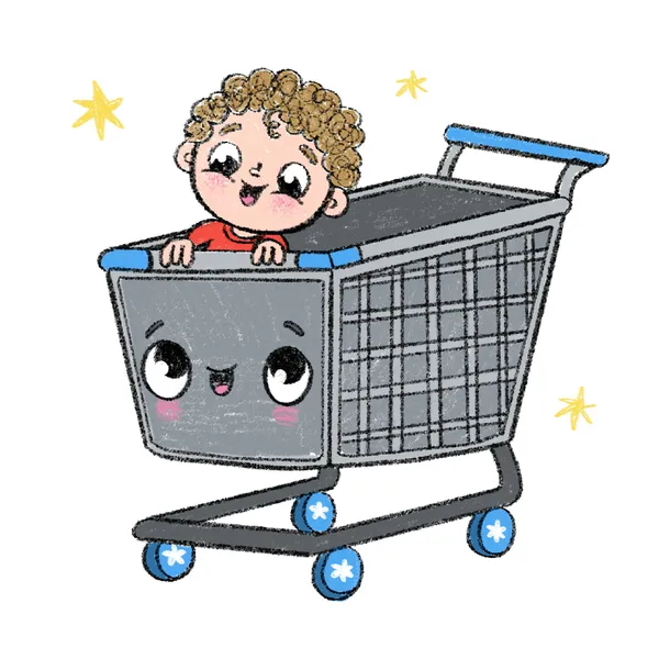 Ilustración de estilo infantil que muestra a un niño pequeño de cabello rizado asomándose sonriente desde adentro de un carrito de supermercado con cara amigable, rodeado de estrellas amarillas brillantes.