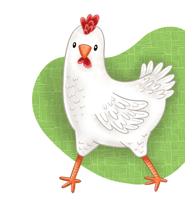 Una ilustración minimalista de una gallina blanca con cresta roja y pico naranja. La gallina está dibujada con trazos suaves y texturizados, caminando sobre un fondo verde con patrón de tejido que resalta sobre el lienzo blanco, transmitiendo una estética limpia y moderna.