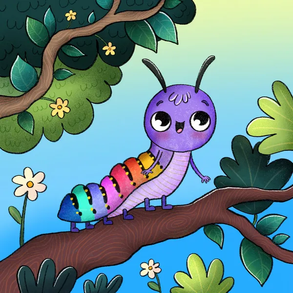 Una oruga alegre de color violeta camina sobre la rama de un árbol. Su cuerpo presenta un degradado vibrante con los colores del arcoíris (azul, verde, rosa, rojo, naranja y amarillo) decorado con pequeños puntos amarillos. La escena está rodeada de hojas verdes y flores blancas y amarillas bajo un cielo azul despejado.