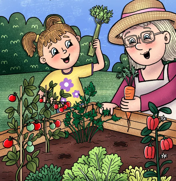 Una niña y su abuela disfrutan cultivando una huerta urbana de madera. La niña, con coletas y una remera amarilla, sostiene una rama de apio con alegría, mientras la abuela, que usa sombrero de paja y anteojos, cosecha una zanahoria. Alrededor se ven plantas de tomates cherry rojos y pimientos, bajo un cielo azul despejado.
