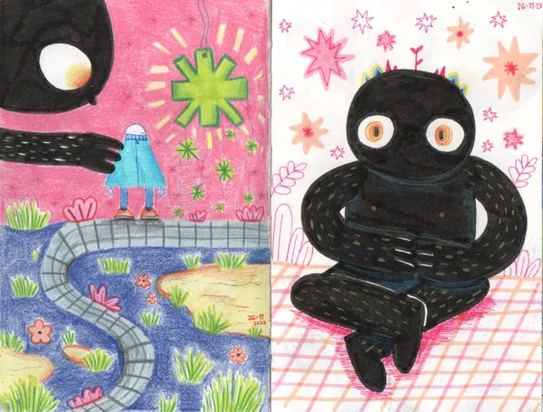 Doble página de cuaderno con ilustraciones de criaturas oscuras. La página izquierda muestra una silueta negra con ojos grandes y brazos largos extendiéndose hacia un pequeño personaje azul en un camino curvo, bajo un sol verde neón; la página derecha presenta una criatura humanoide negra sentada con las piernas cruzadas sobre un suelo de cuadrícula rosa, rodeada de estrellas y flores estilizadas.