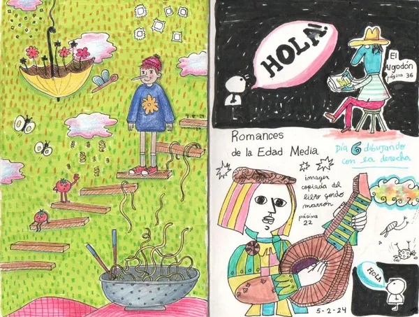 Doble página de cuaderno con dibujos realizados con la mano derecha. La página izquierda muestra un personaje con gorro de lana sobre una escalera flotante, un paraguas con flores y un tazón de fideos; la página derecha incluye la leyenda Día 6 dibujando con la derecha junto a una ilustración de una juglaresa con un laúd, titulada Romances de la Edad Media, y un personaje azul leyendo un libro.