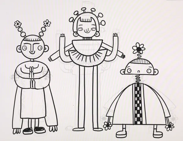 Ilustración lineal en blanco y negro de tres personajes con diseños geométricos y surrealistas. El de la izquierda tiene antenas con flores y manos en posición de rezo; el central es muy alto con un tutú y múltiples brazos; y el de la derecha tiene un cuerpo acampanado con patrón de damero y una flor que brota de su cabeza sobre un cuello de resorte.