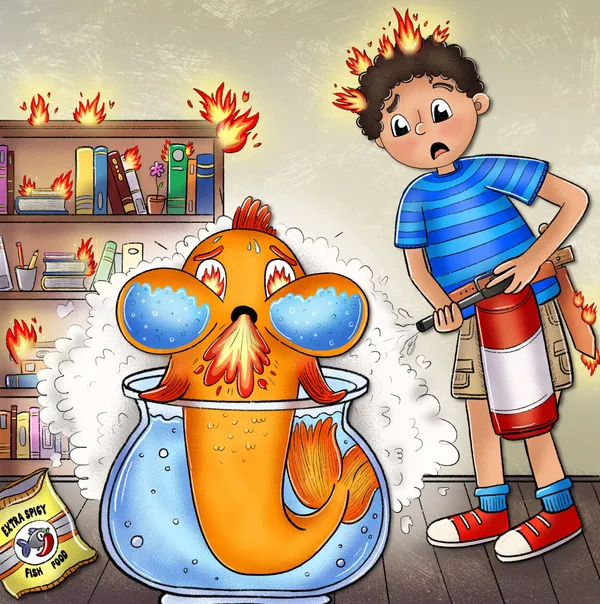 Una escena humorística del libro The Fishy Adventures of Ali and Fred. El pez Fred, dentro de su pecera, escupe fuego por la boca y tiene llamas en los ojos tras comer alimento Extra Spicy. A su lado, Ali intenta apagar el fuego con un extintor mientras pequeñas llamas brotan de su propio cabello y de una estantería de libros al fondo.