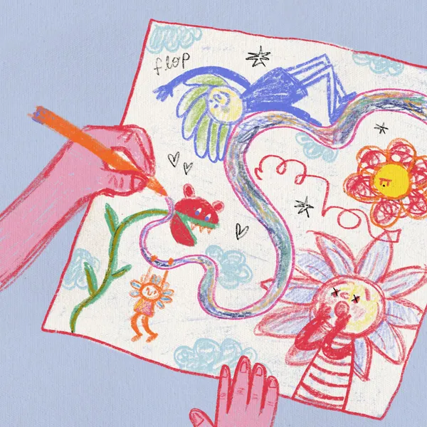 Ilustración que muestra unas manos dibujando sobre un papel lleno de garabatos coloridos. Se observa una criatura roja con colmillos, flores con caras expresivas, un personaje de cabello verde flotando y trazos de arcoíris que conectan todos los elementos sobre un fondo azul claro.