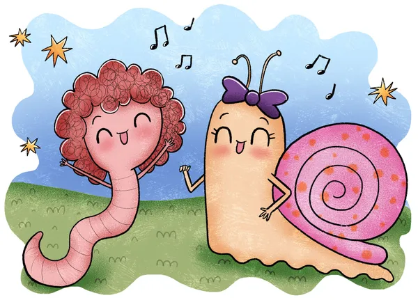 Harry el gusano, con su característico pelo rizado y rosado, baila alegremente junto a su amiga Sally la caracola, quien luce un moño violeta y un caparazón rosa con motas naranjas. Ambos sonríen sobre una colina verde bajo un cielo celeste suave decorado con notas musicales y estrellas doradas.
