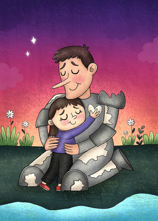 Una niña abraza cariñosamente a un hombre vestido con una armadura de hojalata desgastada, quien sonríe con los ojos cerrados. La escena transcurre durante un atardecer con tonos violetas y rosados, sobre un suelo oscuro con flores blancas y una pequeña orilla de agua en primer plano, transmitiendo una atmósfera de ternura y consuelo.