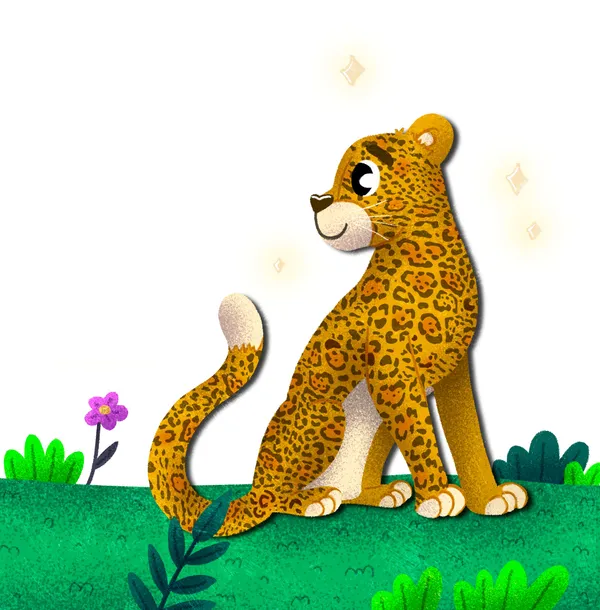 Ilustración de un jaguar sentado de perfil sobre un terreno verde con pequeñas plantas y una flor violeta. El jaguar tiene un pelaje detallado con manchas características y una expresión amable, acompañado de pequeños brillos dorados a su alrededor sobre un fondo blanco limpio.