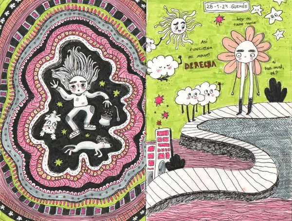 Página de cuaderno de bocetos que muestra ejercicios de dibujo con la mano derecha. En la izquierda, una figura humana flotando en un túnel psicodélico de patrones rosas y negros; en la derecha, varios personajes de nubes con piernas y un sol sonriente sobre un fondo verde brillante con el texto Así funciona mi mano derecha, ni tan mal, eh?.