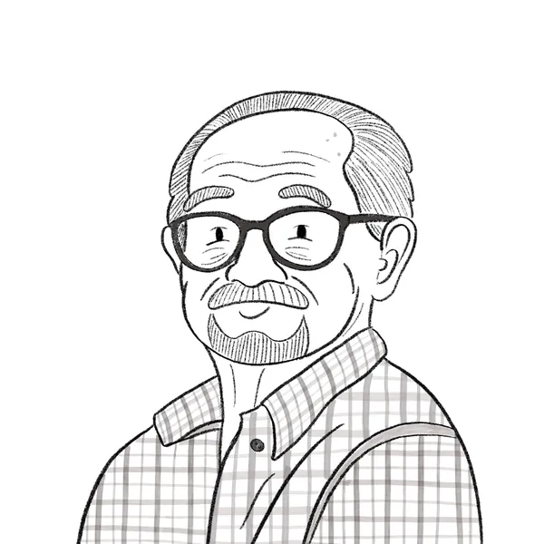 Retrato lineal en blanco y negro de un hombre mayor sonriente con anteojos, bigote y barba candado. Viste una camisa a cuadros y tiene una expresión amable y serena.