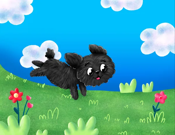 Ilustración de un pequeño caniche negro con pelaje rizado y ojos grandes saltando alegremente en un campo verde. El perro tiene la lengua afuera y una expresión de felicidad, rodeado de pequeñas flores rojas sobre un fondo de cielo azul con nubes blancas esponjosas.