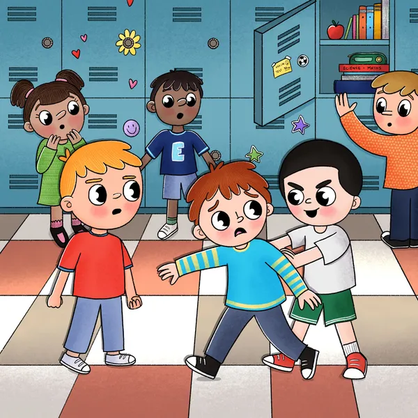 Una escena en un pasillo escolar con casilleros azules de fondo. Un niño con camiseta de rayas amarillas y azules parece estar siendo empujado o molestado por otro niño, mientras un grupo de compañeros observa con expresiones de preocupación y asombro. La imagen captura un momento tenso de interacción social infantil con un estilo de dibujo vibrante y emocional.