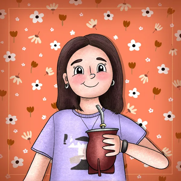 Autorretrato ilustrado de Florencia Piazza. Se ve a una joven de cabello castaño corto y una sonrisa amable, vistiendo una remera violeta y sosteniendo un mate tradicional. El fondo es de color naranja vibrante, decorado con un patrón de flores blancas y marrones, reflejando su estilo cálido y detallista.