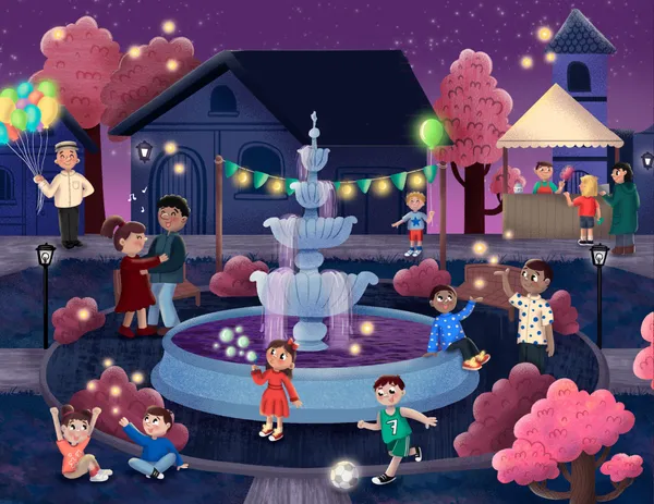 Ilustración nocturna del Glowshire Festival que muestra una plaza con una gran fuente central. Varios niños y adultos disfrutan de la celebración: unos bailan, otros juegan con burbujas o fútbol, y algunos observan pequeñas luces mágicas que flotan en el aire. De fondo se ven puestos de feria, árboles rosados y casas bajo un cielo estrellado con un tono violeta profundo.
