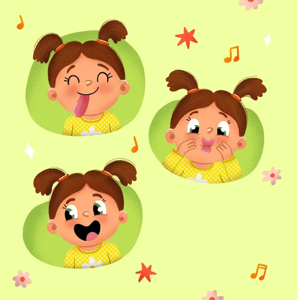 Tres retratos circulares de una niña con coletas haciendo expresiones faciales divertidas: sacando la lengua, lanzando un beso y riendo con asombro. Los retratos están dispuestos sobre un fondo verde lima suave decorado con notas musicales naranjas, estrellas rojas y pequeñas flores rosas.