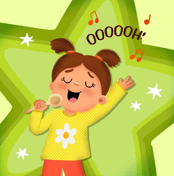 Una niña con coletas y una remera amarilla con una flor blanca canta con entusiasmo sosteniendo una cuchara de madera como si fuera un micrófono. El fondo es una gran estrella verde vibrante decorada con pequeñas estrellas blancas y notas musicales rojas, con el texto OOOOOH! flotando sobre ella.
